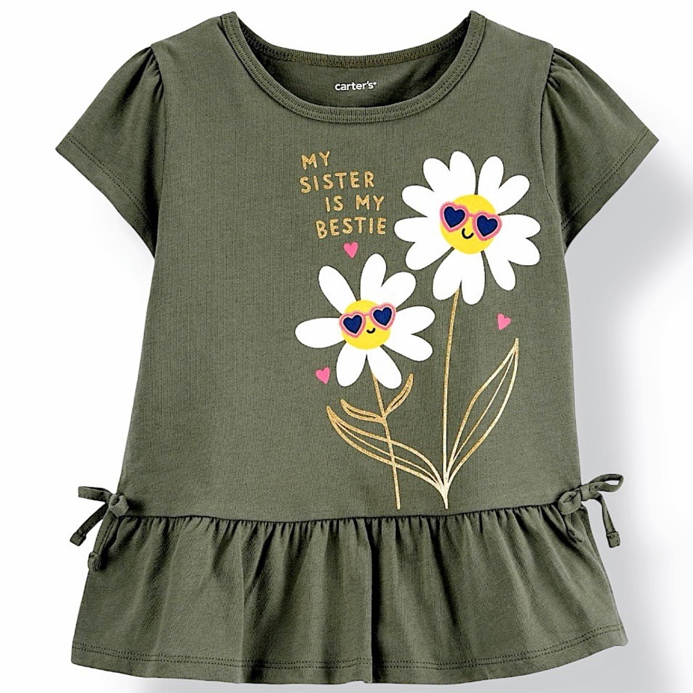 Carters Glitter Daisy Peplum My Sister is My Bestie Green Jersey Shirt Girls 5t